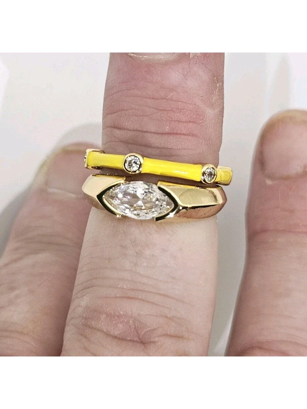 2 Ring Stack - Horse Eye Marquise CZ Size 6 Band - Yellow Enamel Adjustable